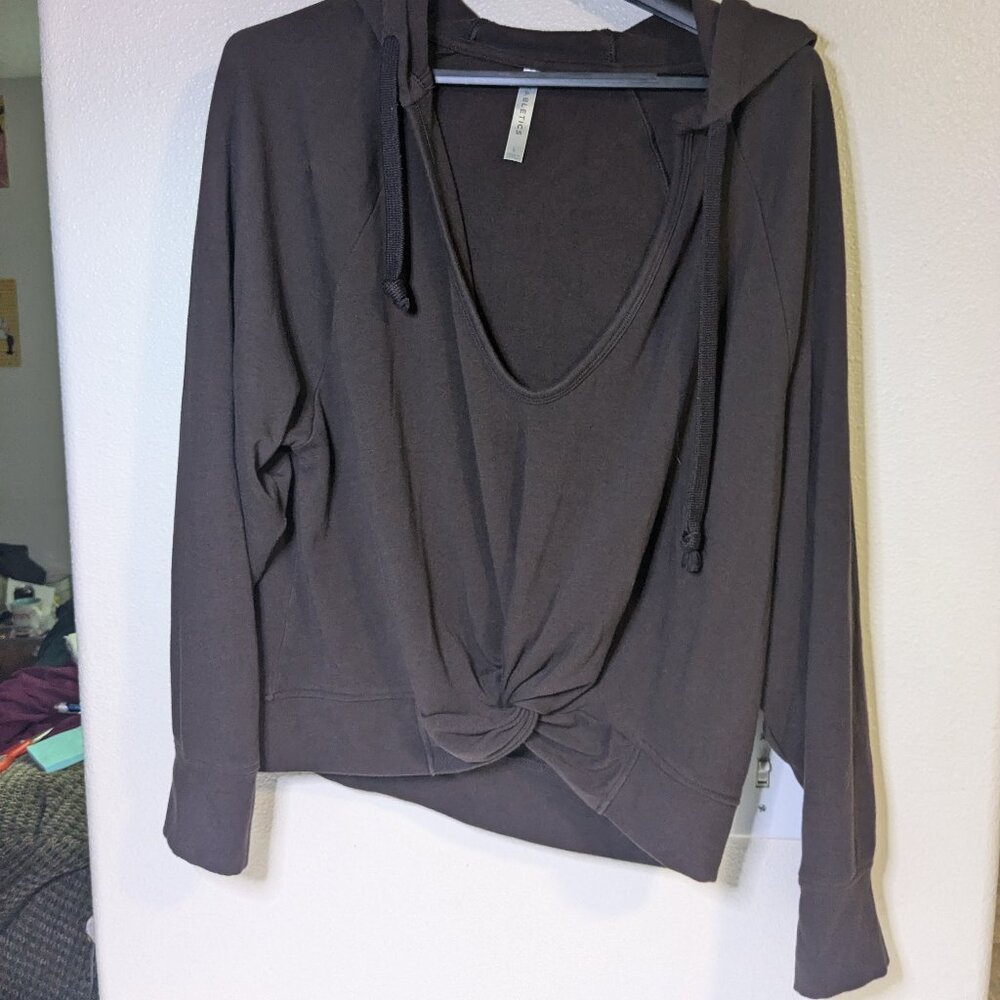 Fabletics VGUC Chocolate Brown Cowl Neck Hoodie Size Large *Small Paint Stain*